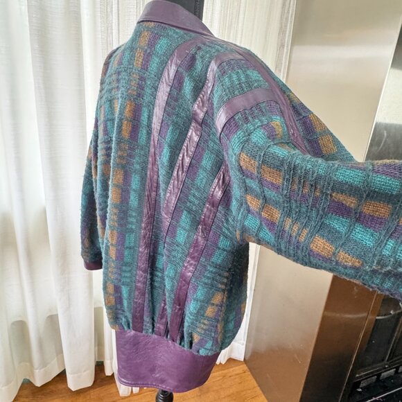 Vintage 80s blazer, purple, teal knit, leather lapels, waist band & cuffs, 10/12 - Picture 9 of 14